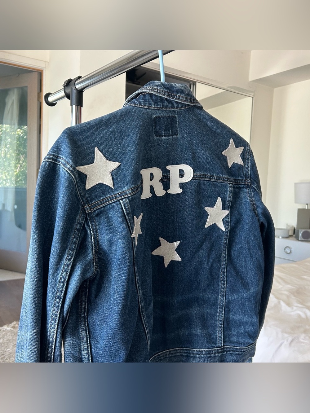 Dark Blue Denim Jacket with Custom White Star Patches